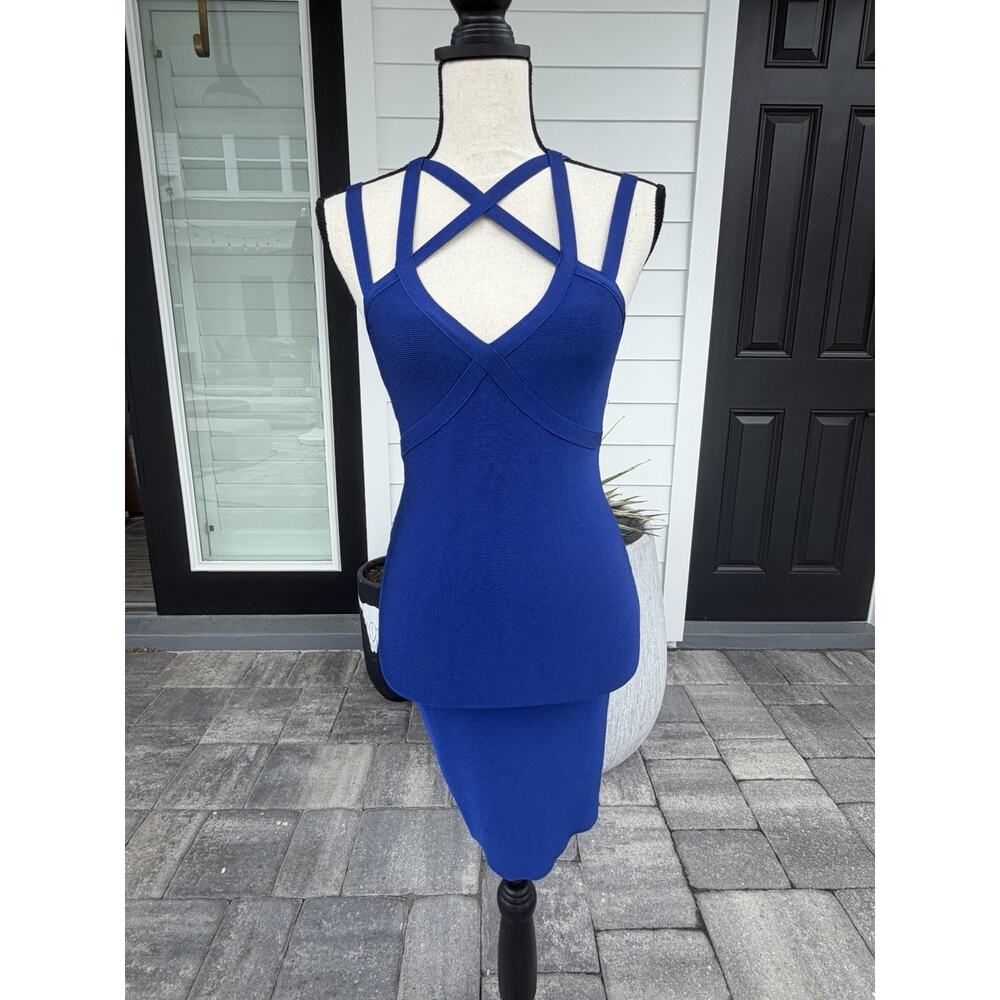 Bebe Y2k Bondage Mini Dress Bandage Blue Strappy Sexy Tight Medium
